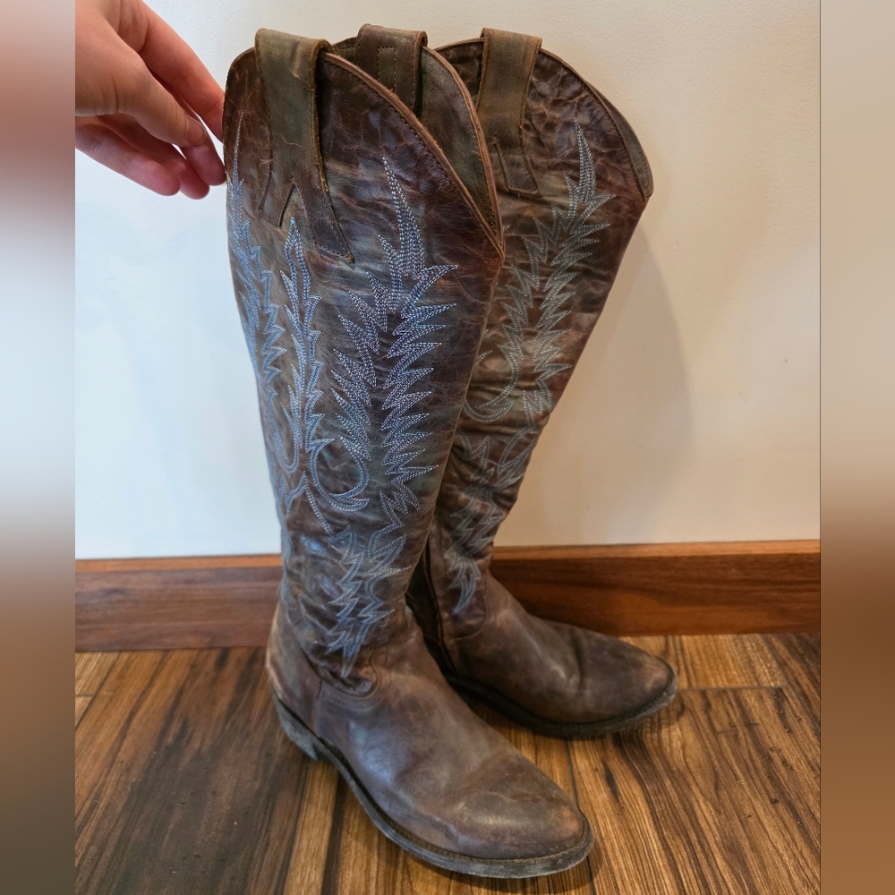 Old Gringo Brown Leather Knee Boots with Light Blue Stitching